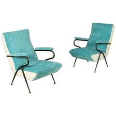 Two Armchairs Foam Padding Fabric Upholstery Metal Vintage, Italy, 1950s