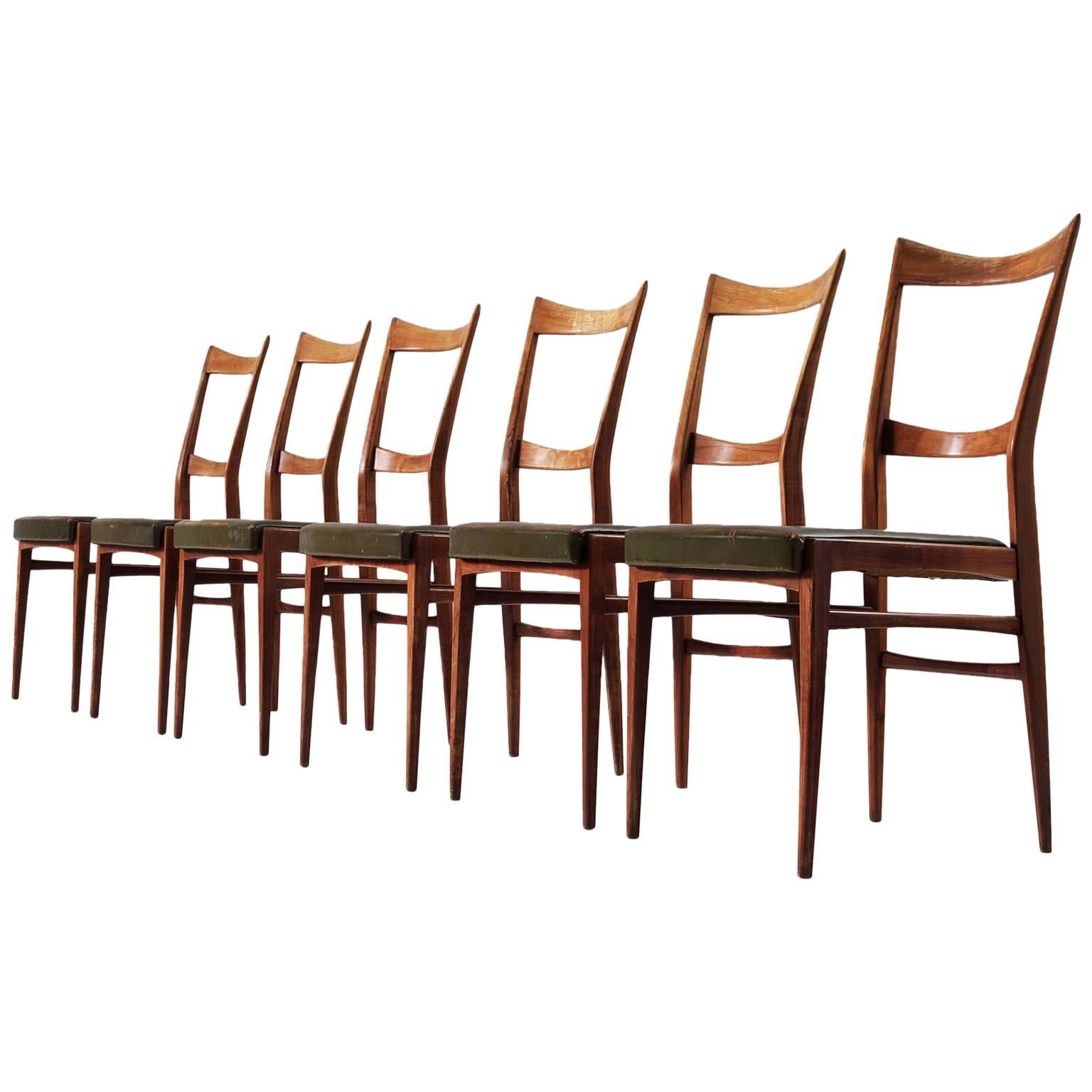 Set of Six Italian Dining Chairs in Walnut and Green Leather Upholstery