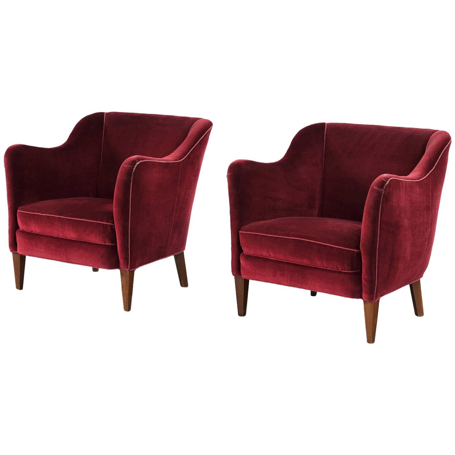 Pair of Scandinavian Armchairs in Red Velvet 