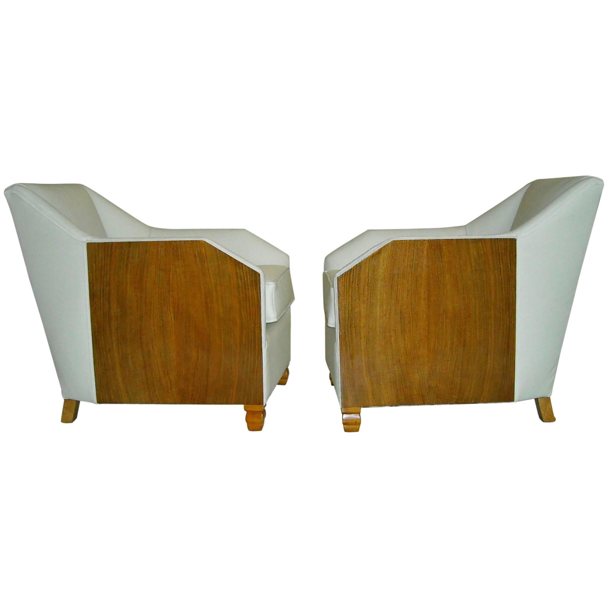 1930 Pair of Armchairs Off-White Leather and Rosewood For Sale