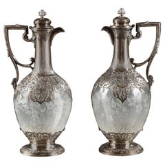 Pair of Silver and Crystal Ewers with Floral Decoration, 19th Century