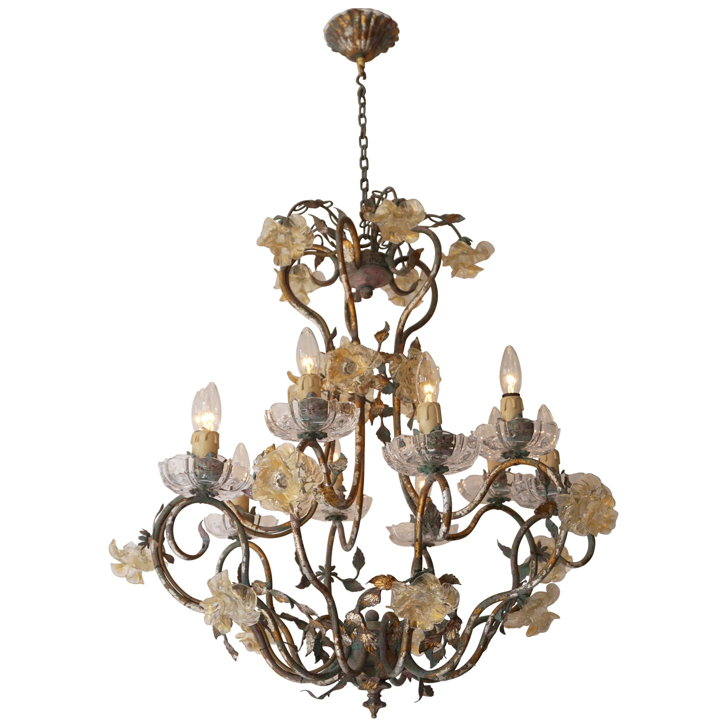 Italian Chandelier with Glass Flowers