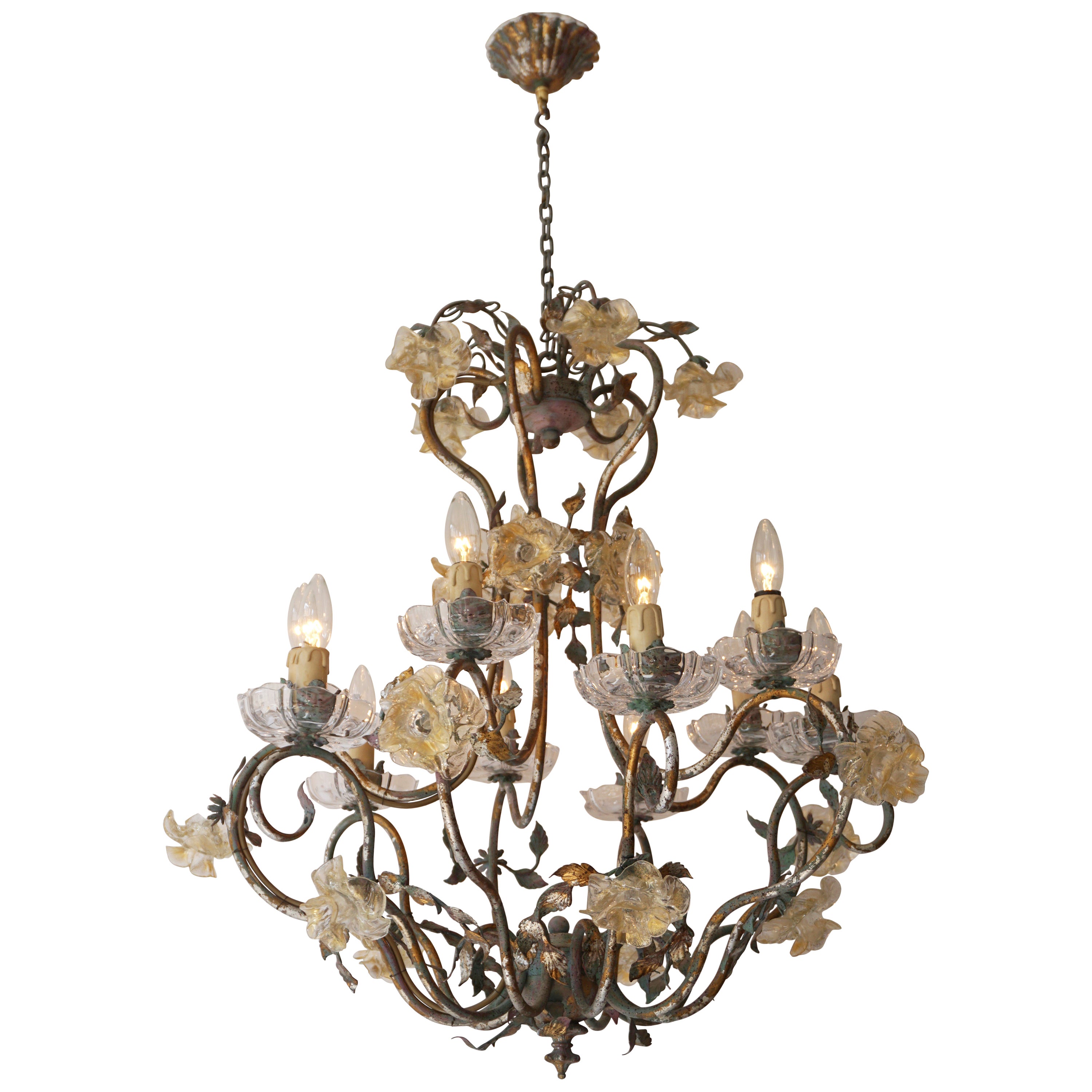 Chandelier with Golden Leaves and White Flowers For Sale at 1stDibs
