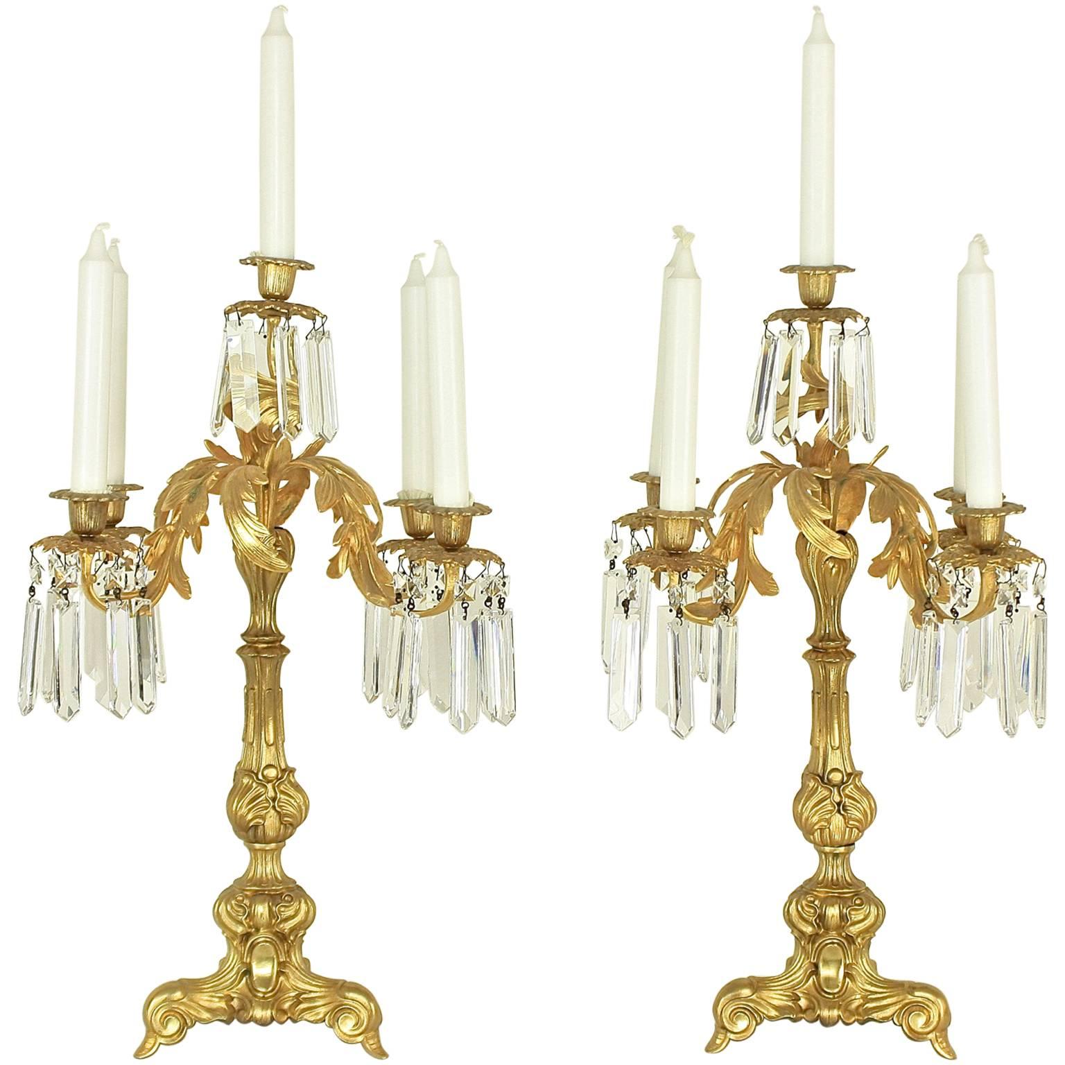 Siglo XIX Pareja de candelabros de cristal de bronce dorado estilo neorococó