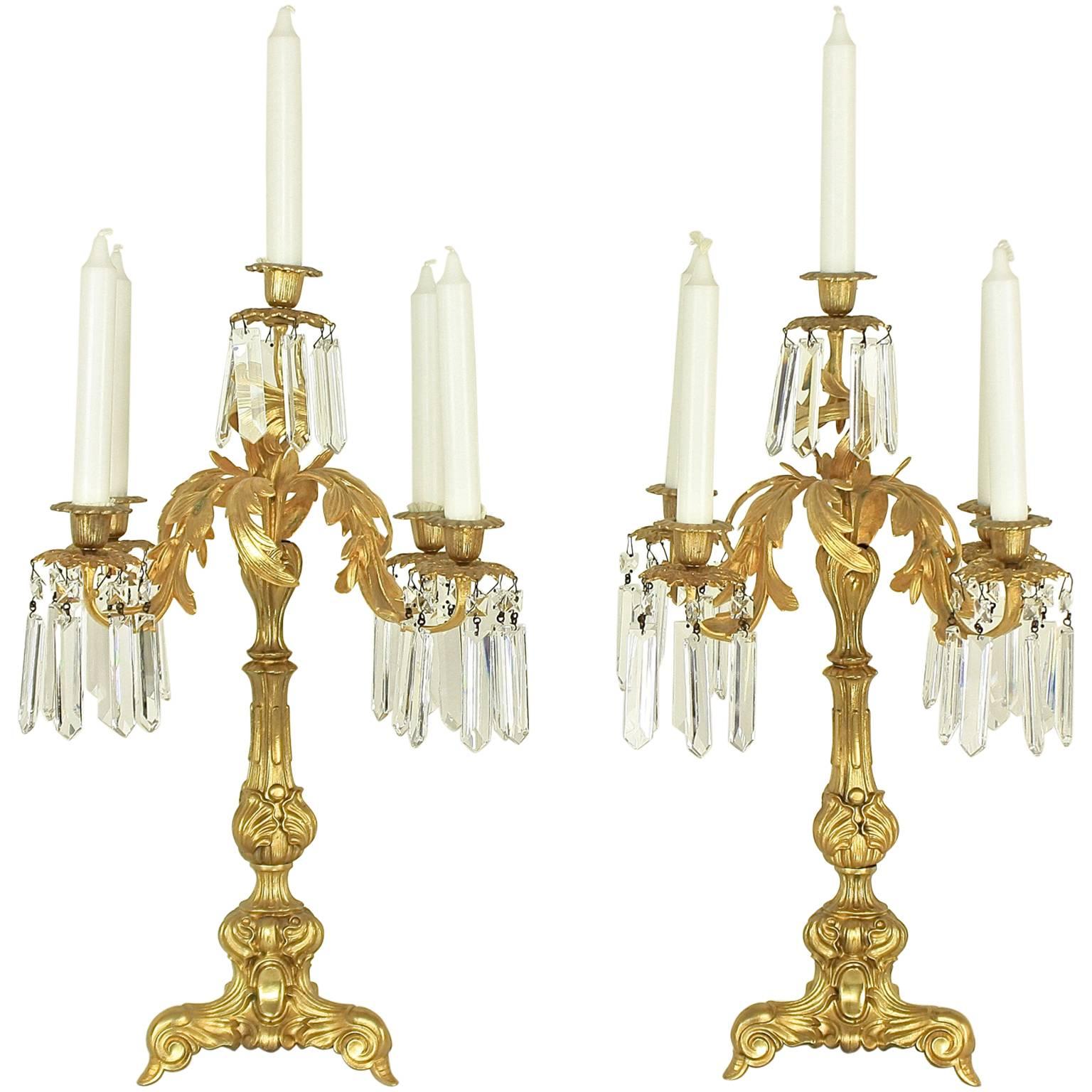 Paire de candélabres de style néo-rococo du XIXe siècle en verre de cristal doré et bronze doré