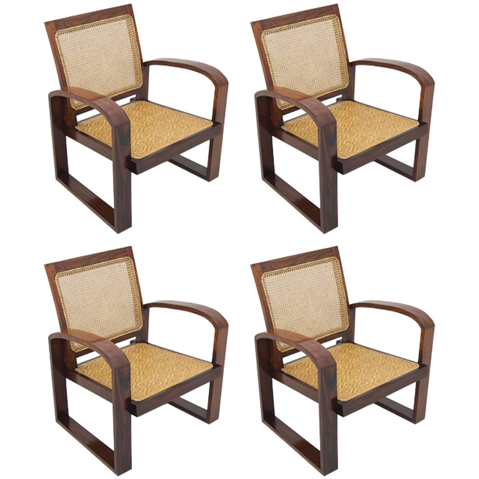 4 Art Deco French Colonial Rosewood Armchairs with Caned Backs and Woven Seats