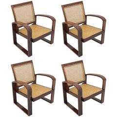  4 fauteuils Art Déco français colonial en bois de rose avec dossiers cannés et sièges tissés