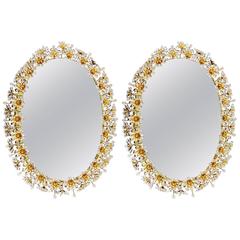 Two Palwa Backlit Flower Wall Mirrors, Gilt Brass and Crystals, Germany, 1970 12