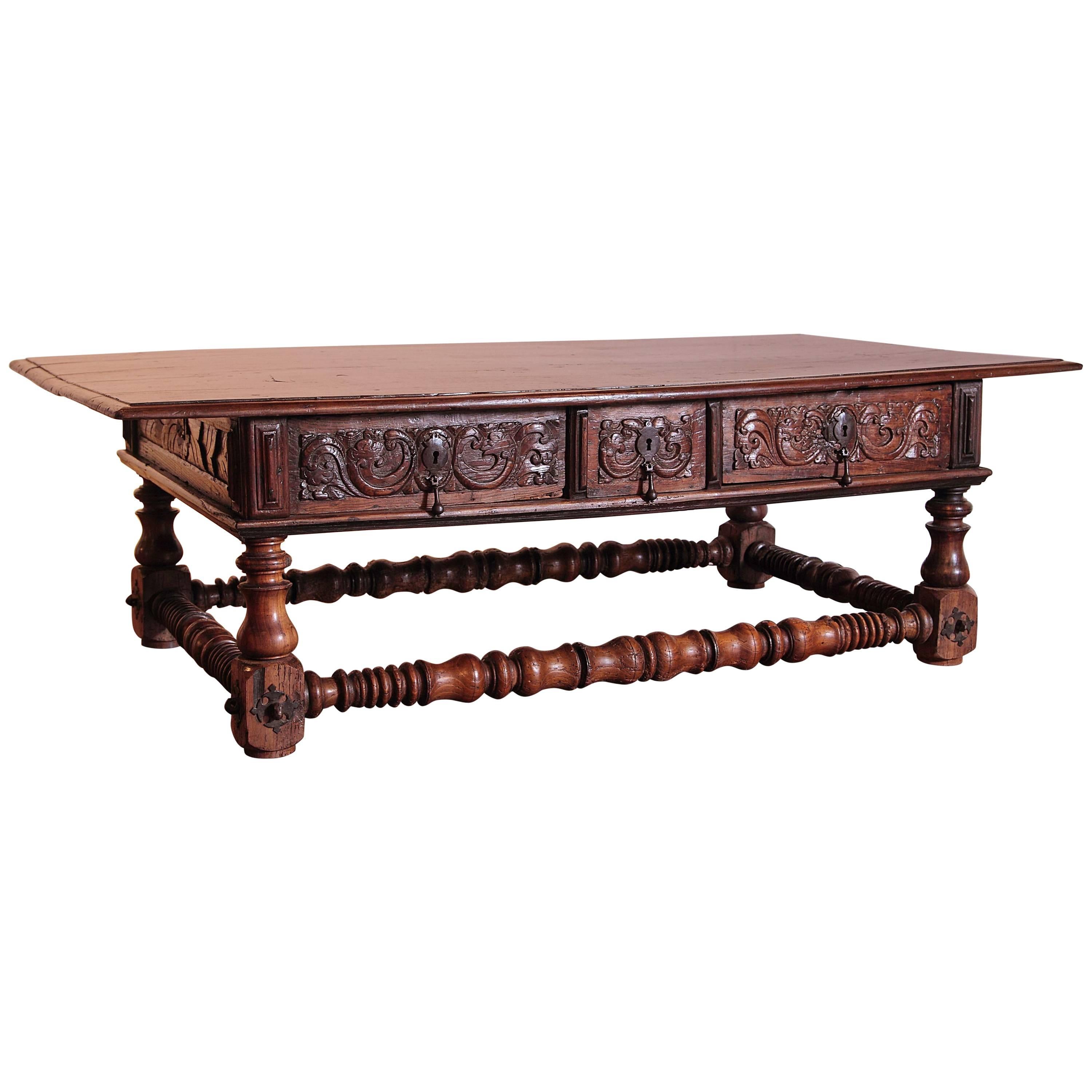 Large 18th Century Spanish Hand-Carved Chestnut Coffee Table with Three Drawers 