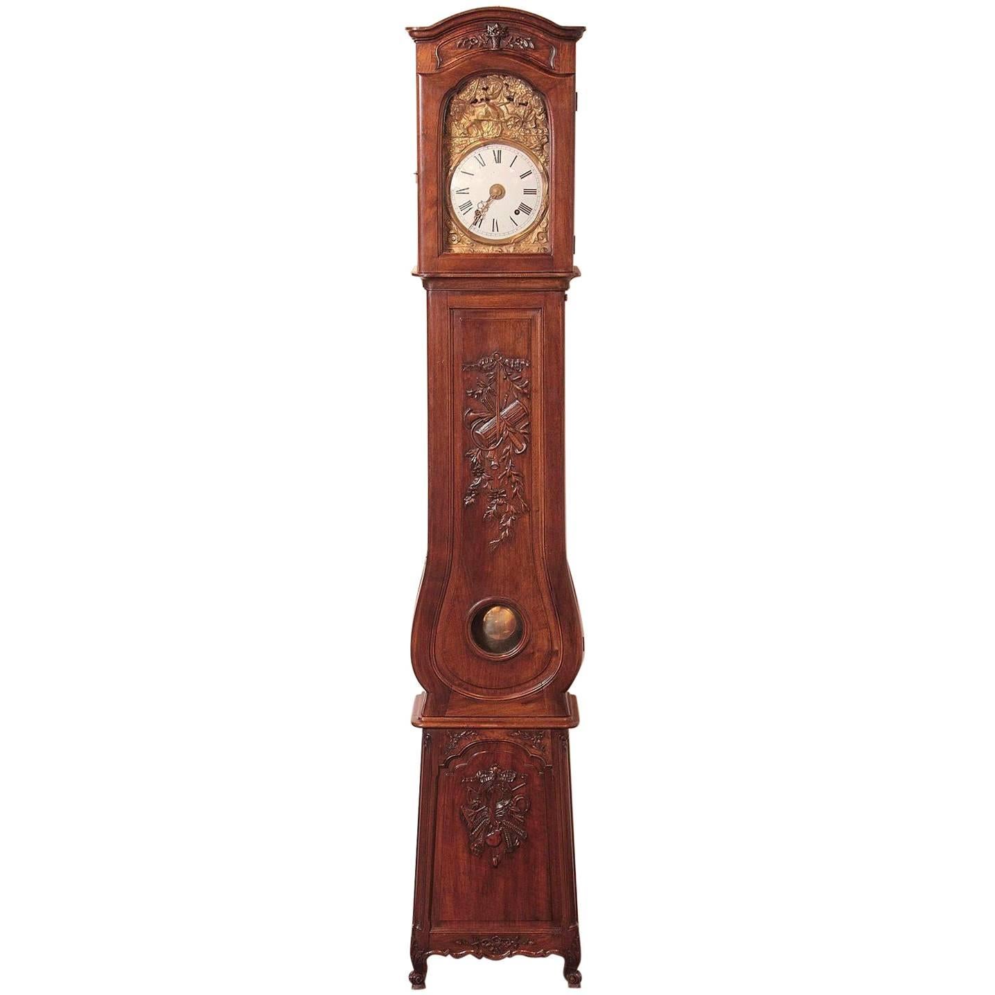 19th Century French Louis XV Hand-Carved Walnut Grandfather Clock from Provence