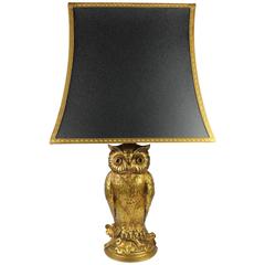 Gilt Owl Lamp with Black and Gilt Shade, 1970s