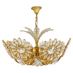 Ernst Palme Palwa Flower Palm Tree Chandelier, Gilt Brass & Crystals, 1970s