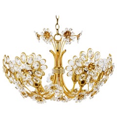 Palwa Flower Chandelier, Gilt Brass and Faceted Crystals, Germany, 1970s