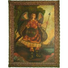 Large Cusco School Oil on Canvas of the Archangel Michael