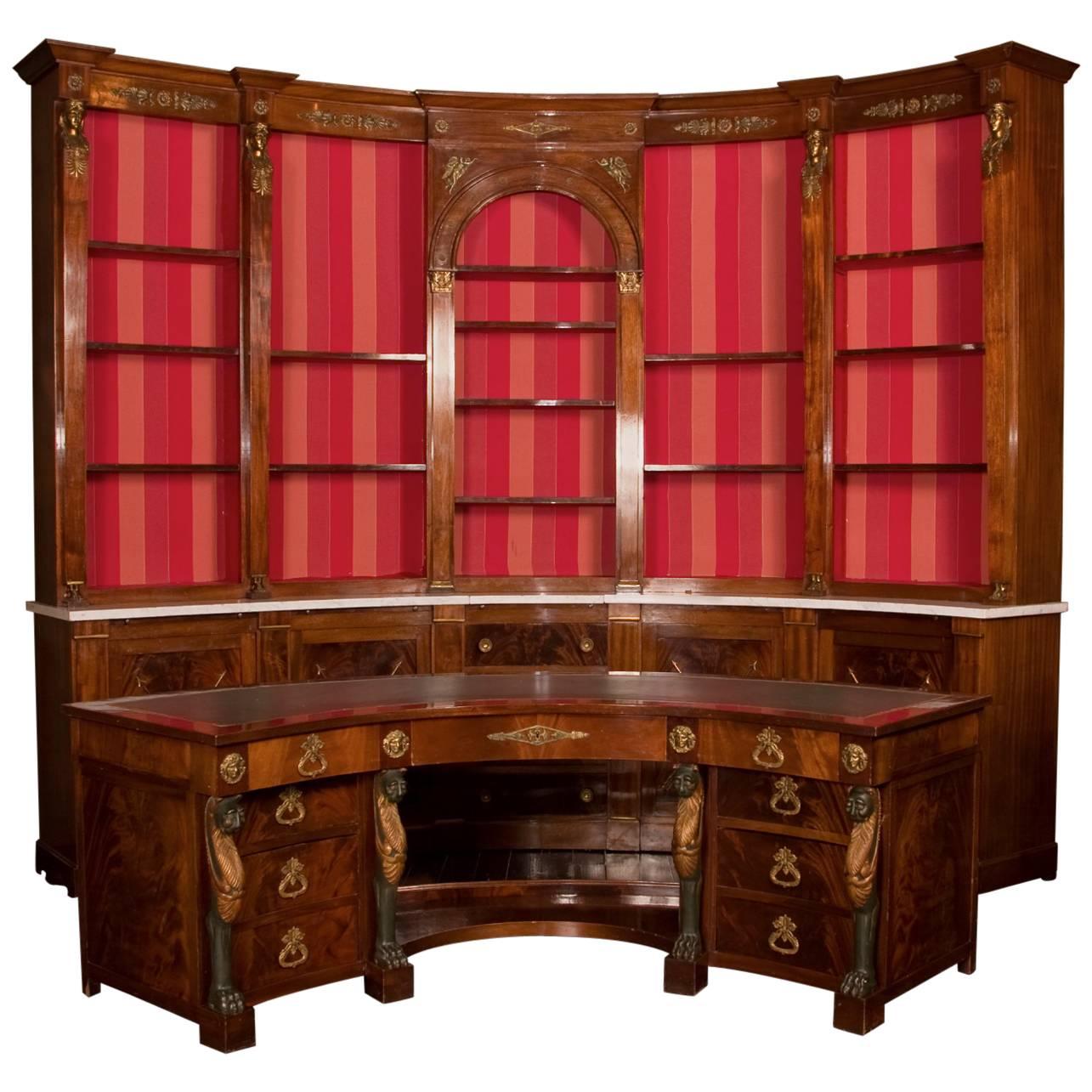 Rare and Stunning Empire Mahogany Curved Desk and Bookshelf, 19th Century French For Sale