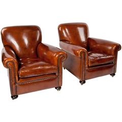 Quality Pair of Antique Leather Club Armchairs