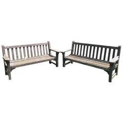 Vintage Pair of English Painted Teak Garden Benches