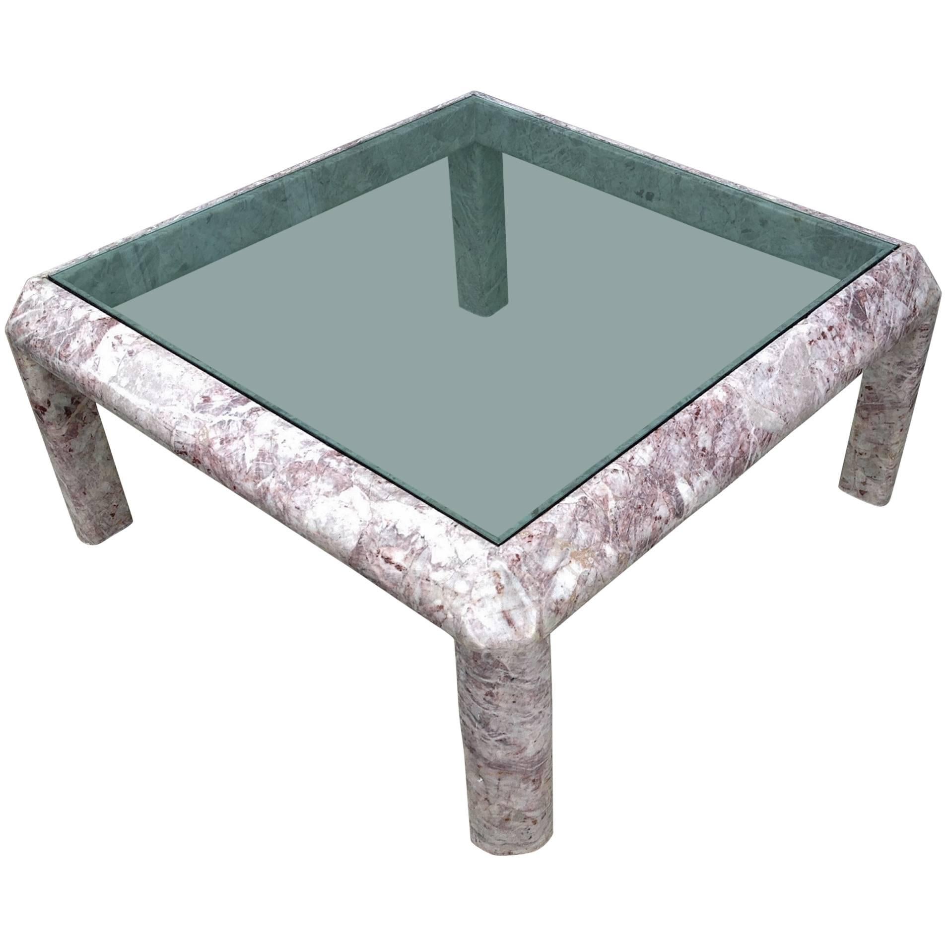 Square Marble Low Table with Inset Smoked Glass Top For Sale