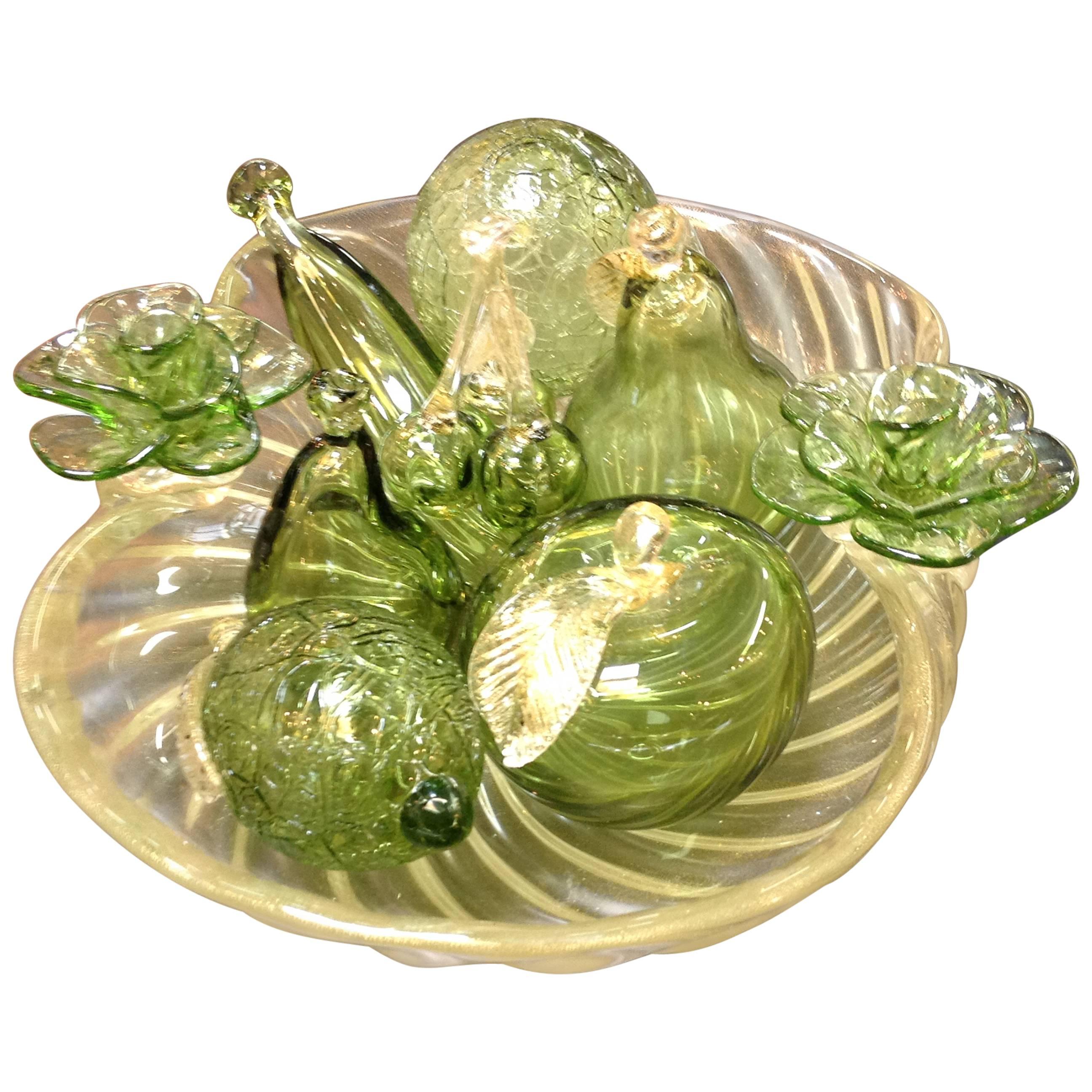 Murano Glass Bowl with Seven Pieces of Glass Fruit For Sale