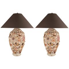 Retro Pair of Large Seashell Artisan Table Lamps