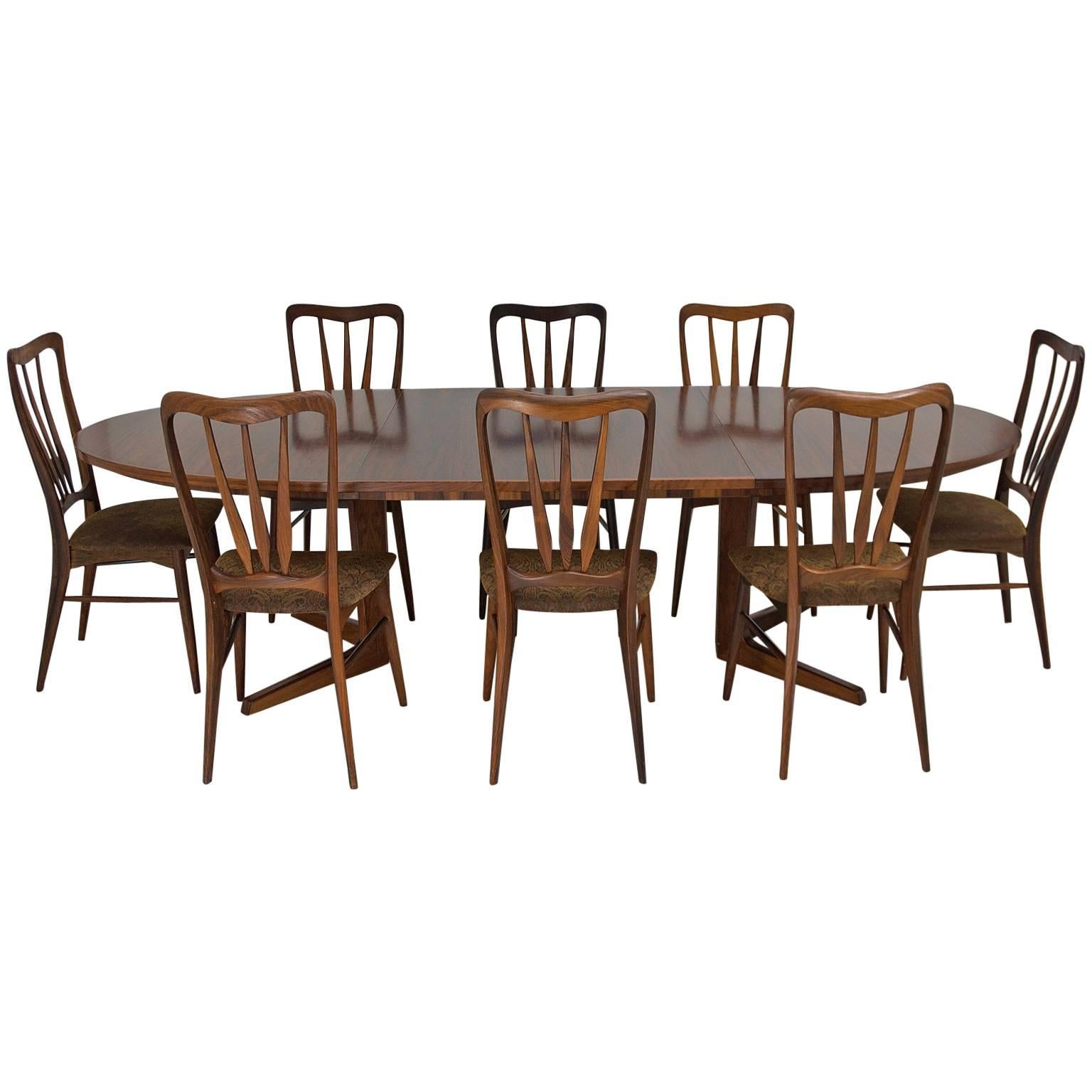 Mid-Century Niels Kofoed Table and 8 Ingrid Chairs in Rosewood, Denmark 1950's