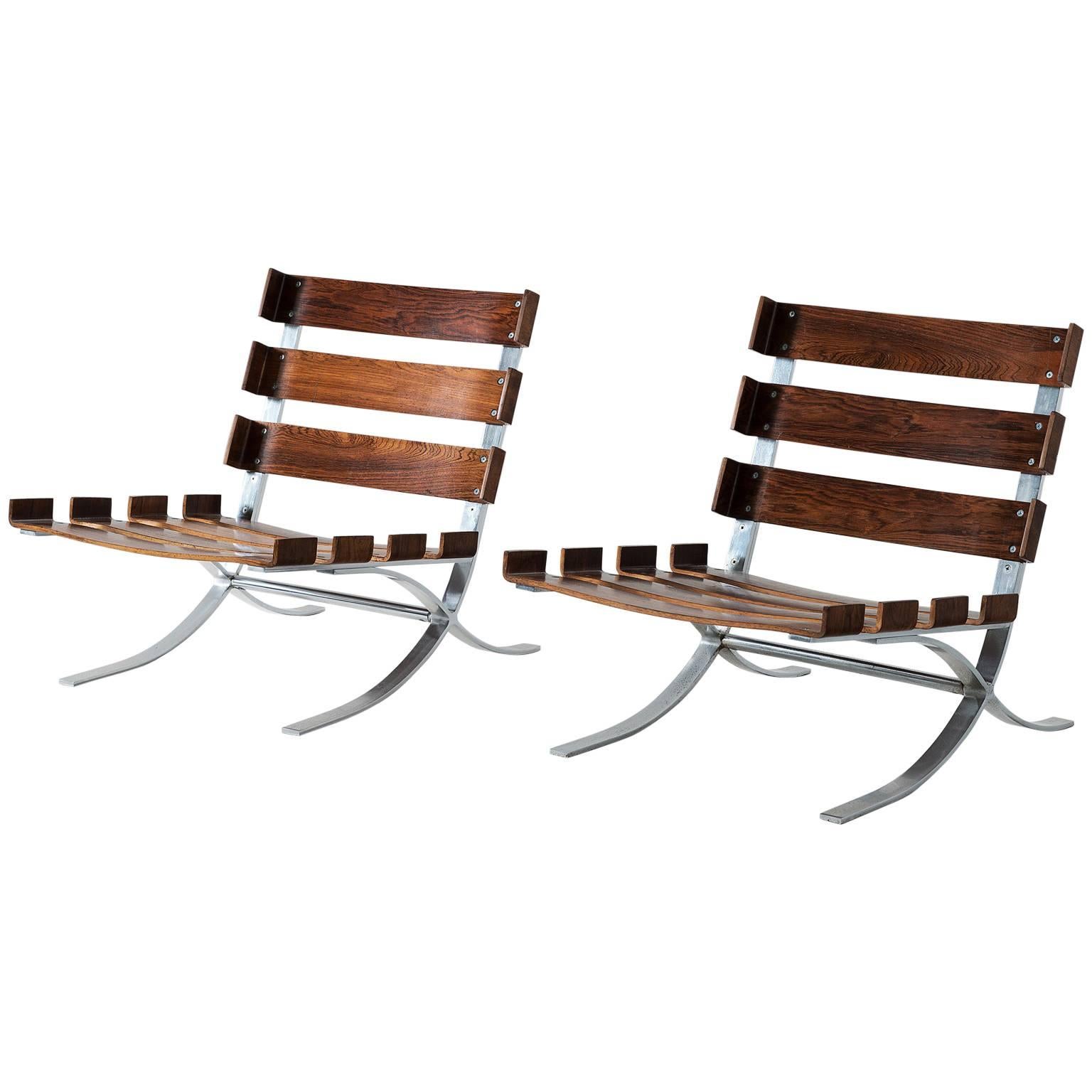 Pair of Easy Chairs in Rosewood and Steel