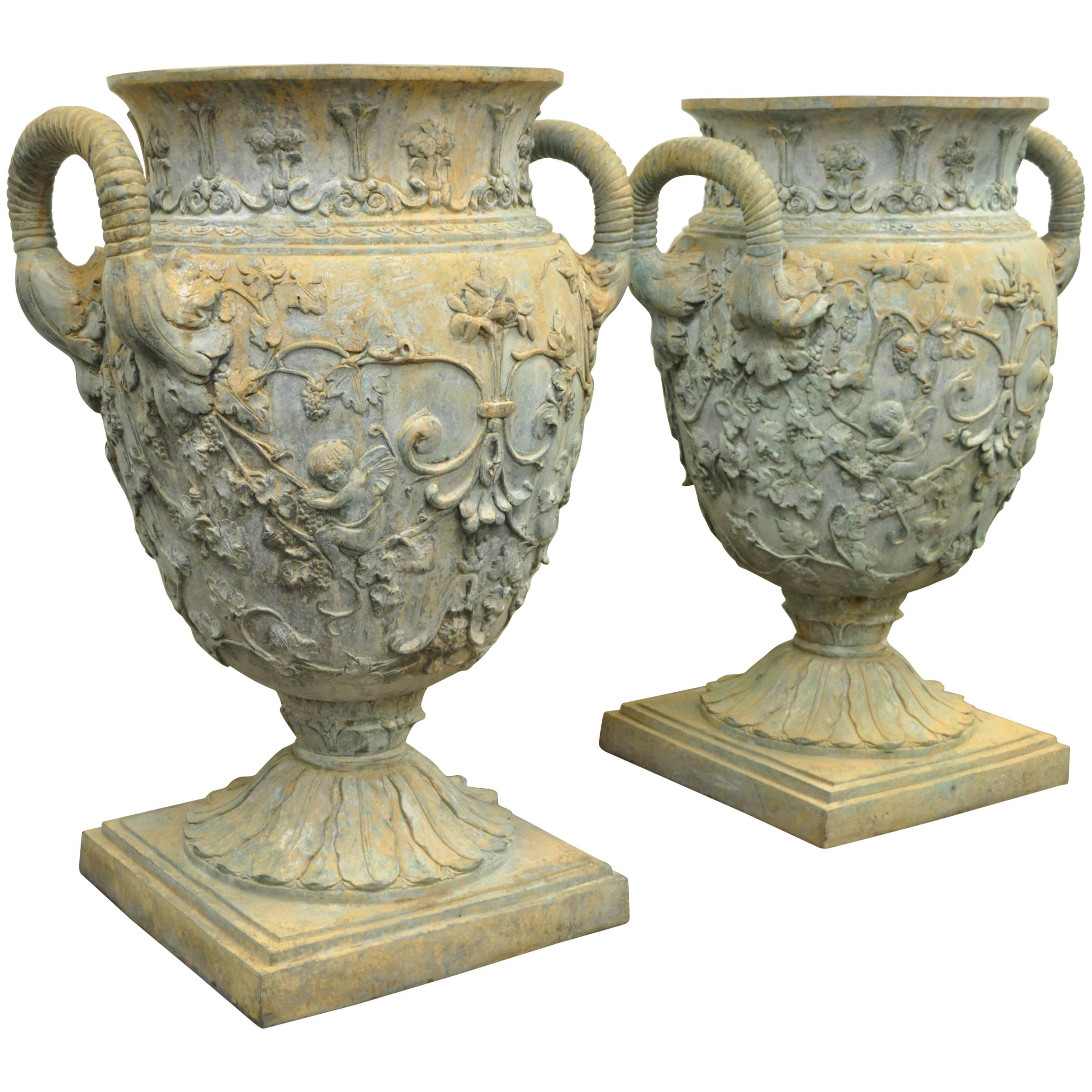 Large Pair 40" Figural Cast Bronze French Neoclassical Style Garden Urn Planters