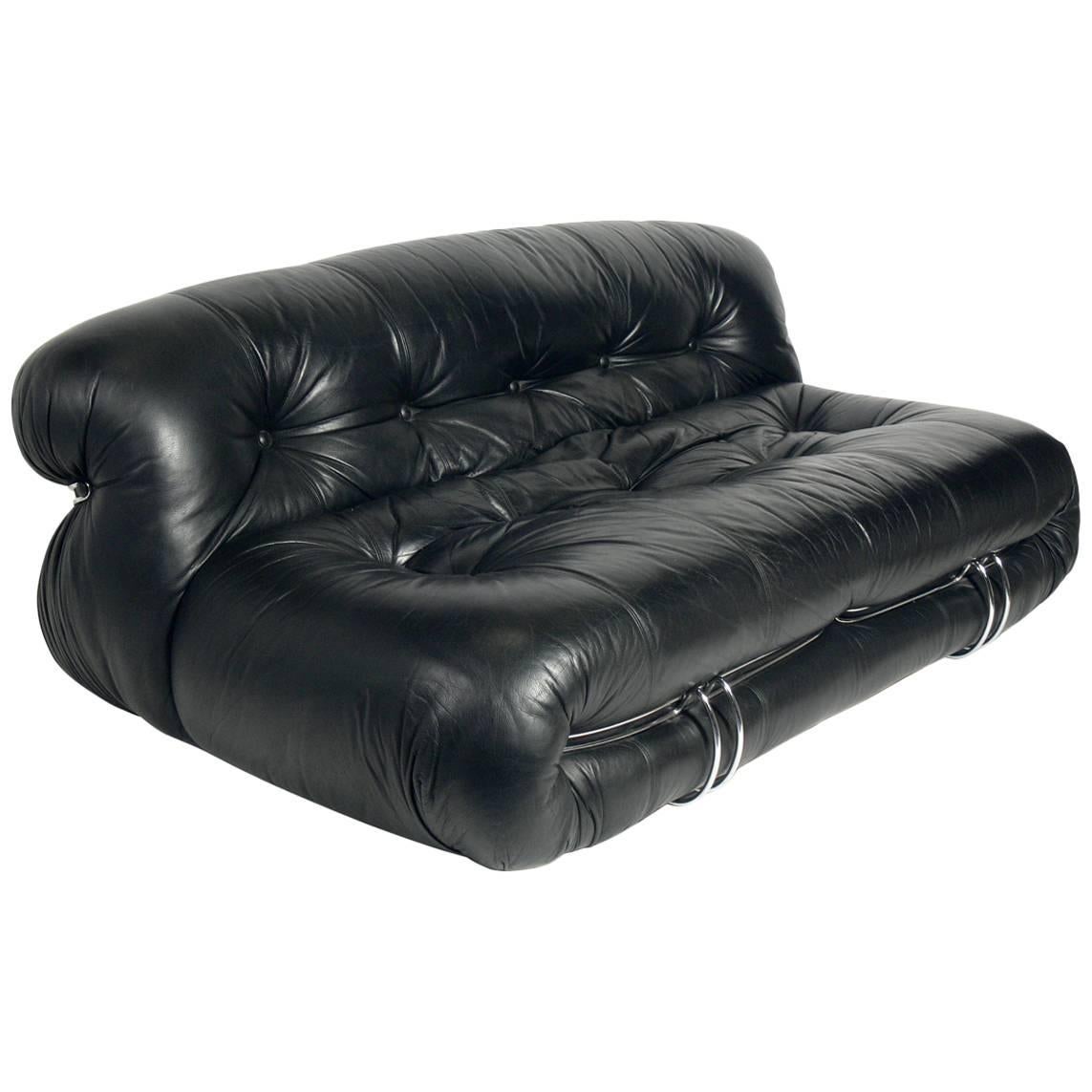 Sculptural Black Leather Sofa by Afra and Tobia Scarpa for Cassina