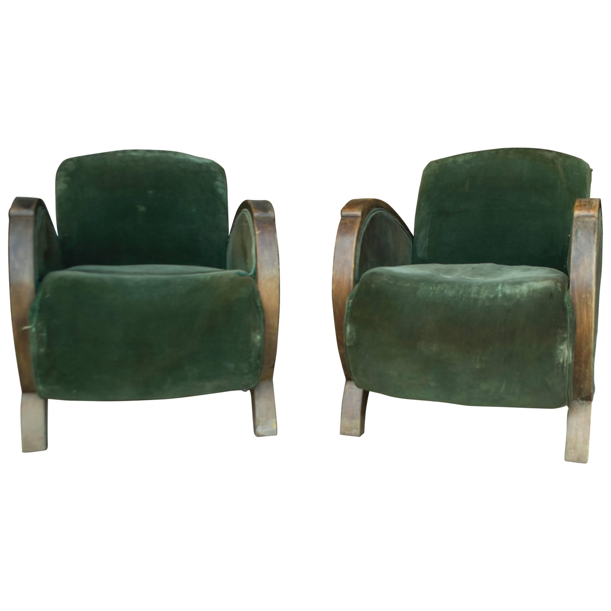 Vintage Green Velvet Art Deco Club Chairs