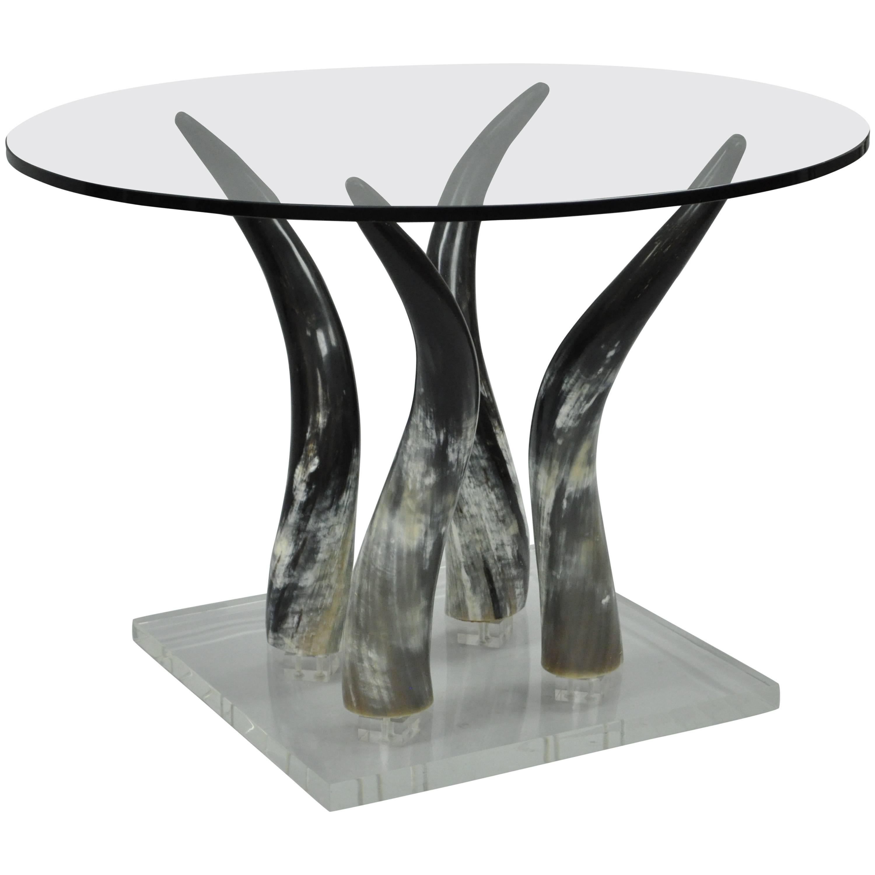Mid Century Modern Chic Lucite and Horn Round Glass Occasional Side Table For Sale