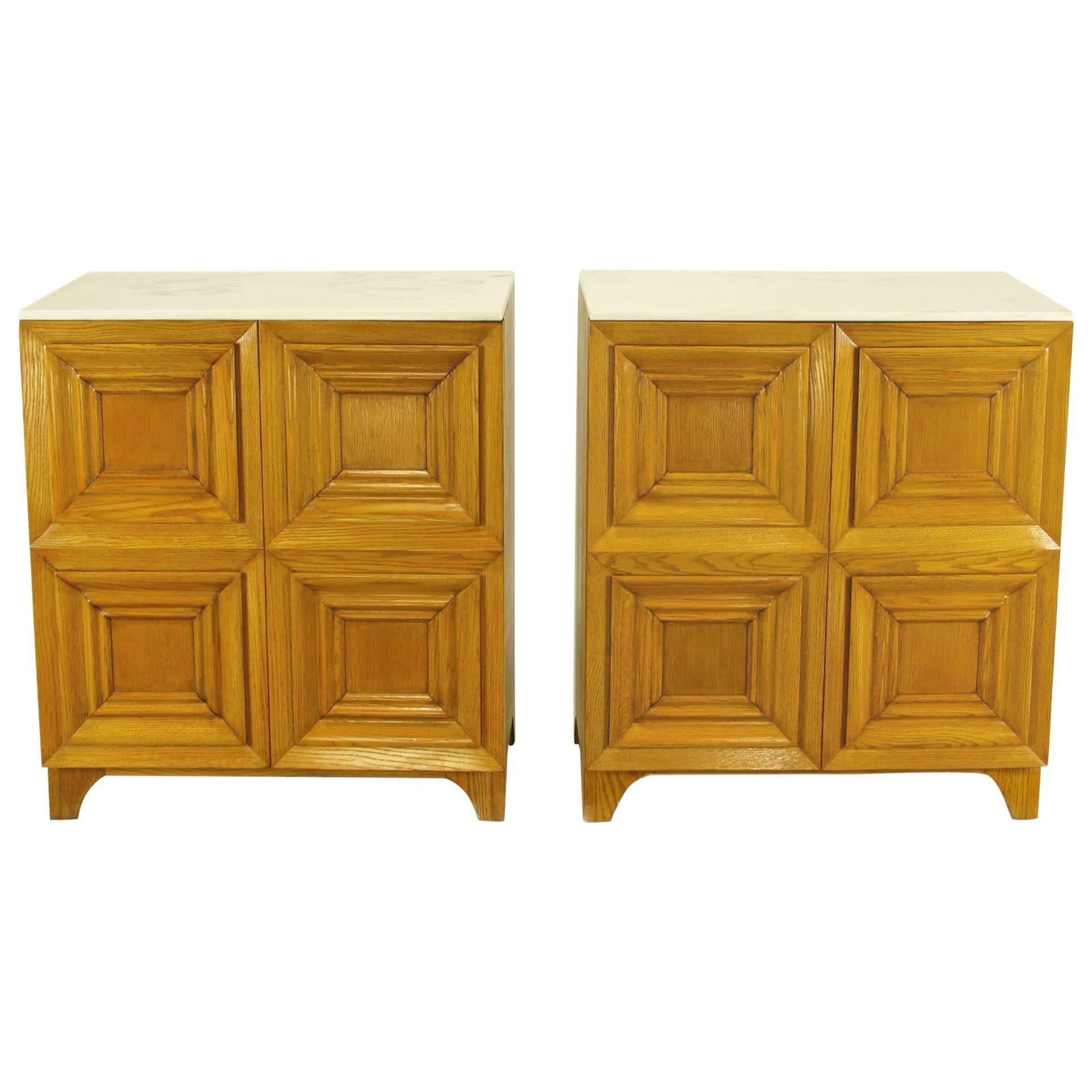 Pair of Solid White Oak Carved Four-Panel Commodes with Carrera Marble Tops For Sale