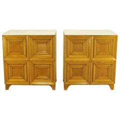 Pair of Solid White Oak Carved Four-Panel Commodes with Carrera Marble Tops