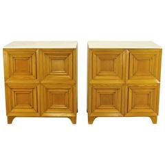 Pair of Solid White Oak Carved Four-Panel Commodes with Carrera Marble Tops 5