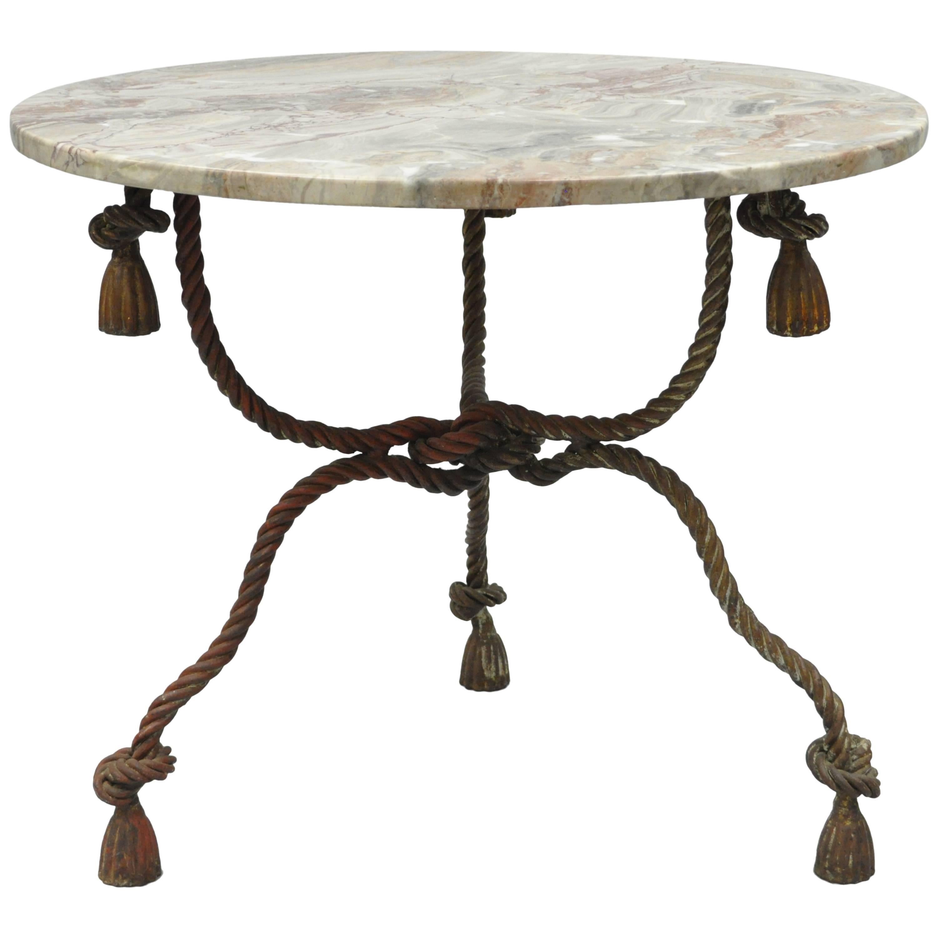 1940s Italian Marble-Top Rope Turned Round Tassel Form Iron Center Table