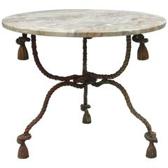 1940s Italian Marble-Top Rope Turned Round Tassel Form Iron Center Table