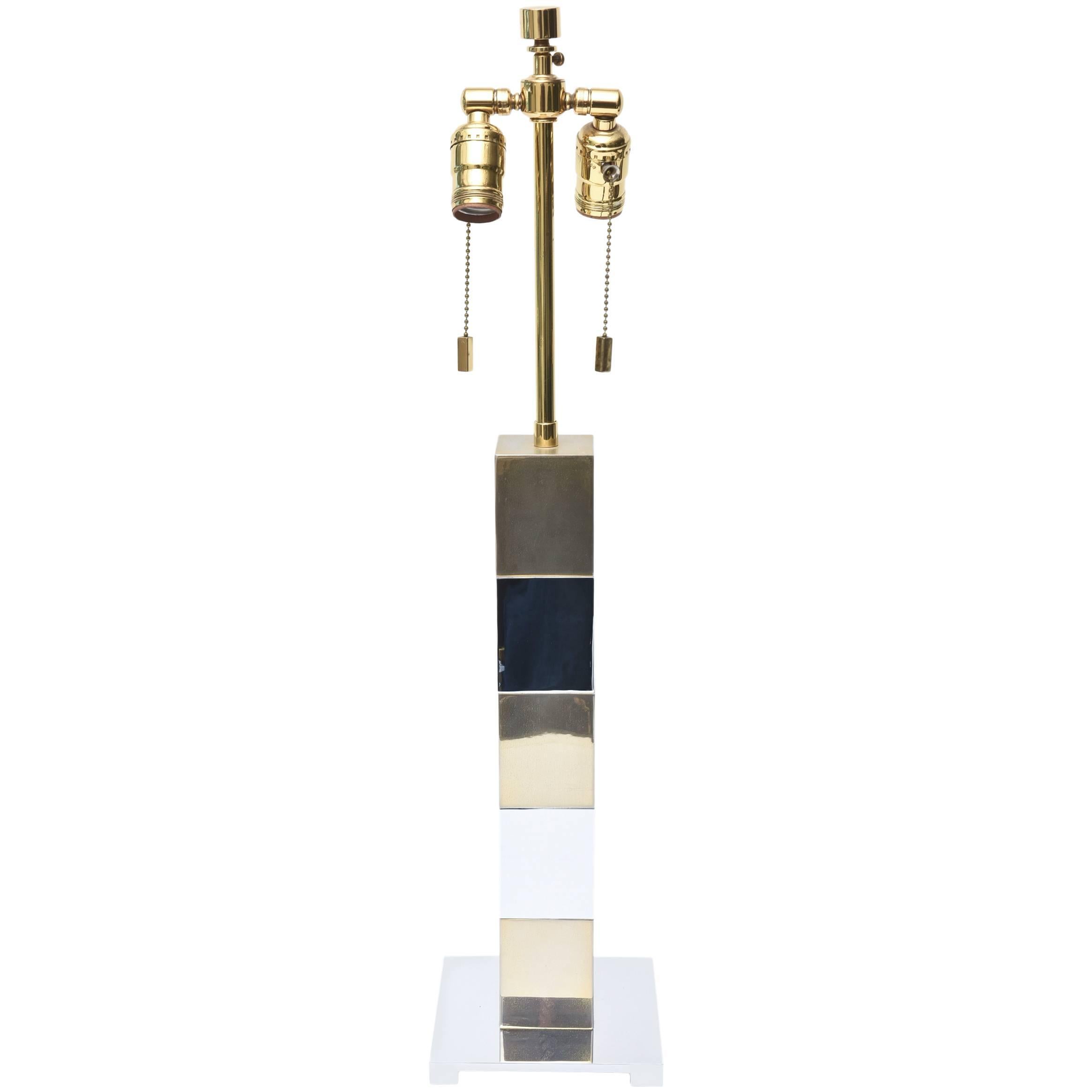 Karl Springer Style Alternating Brass and Chrome Cube Column Table or Desk Lamp