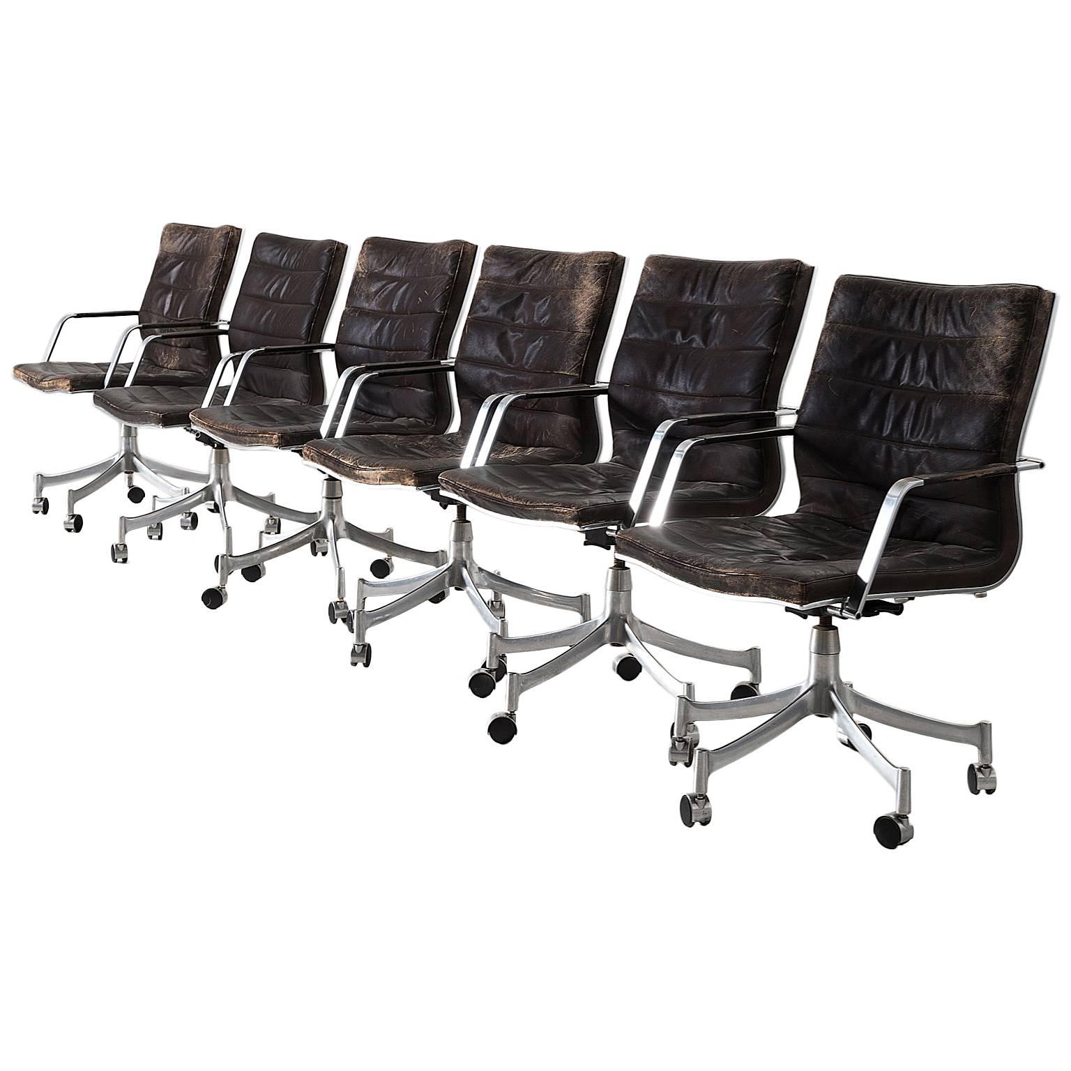 Jørgen Lund & Ole Larsen Set of Five Office Chairs in Dark Brown Leather