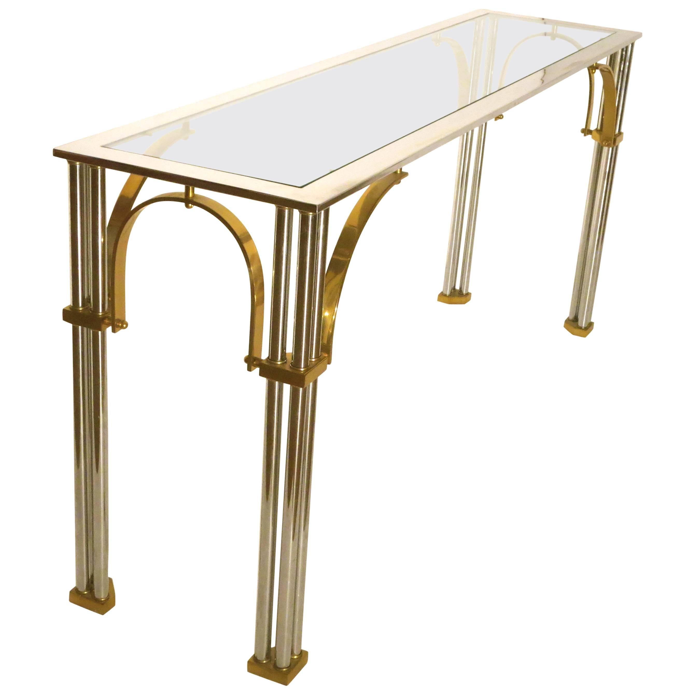 Striking Chrome and Brass with Glass Top Console or Sofa Table by Milo Baughman