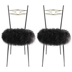 Retro Pair of Mid-Century Modern Italian Gio Ponti Style Brass and Metal Chairs