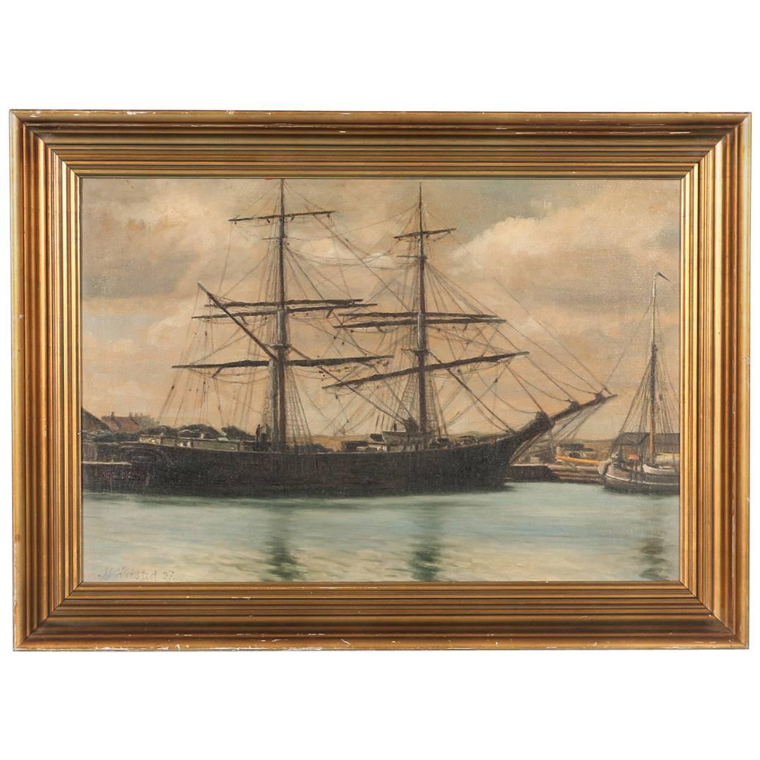 Antique Marine Oil on Canvas Painting, Two-Masted Schooner, Signed V. Helsted