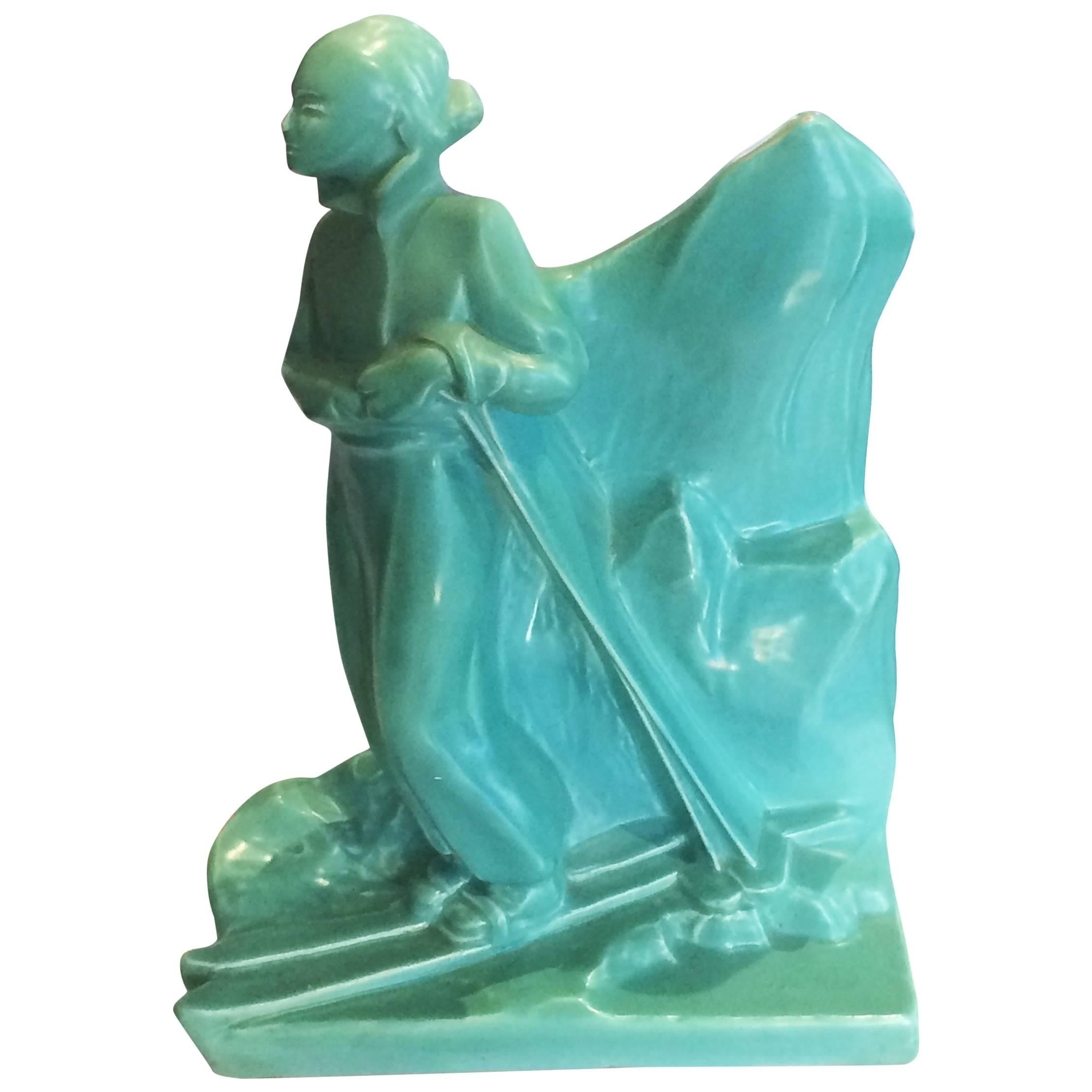 Belgian Art Deco Craquele Skier Figurine Statue