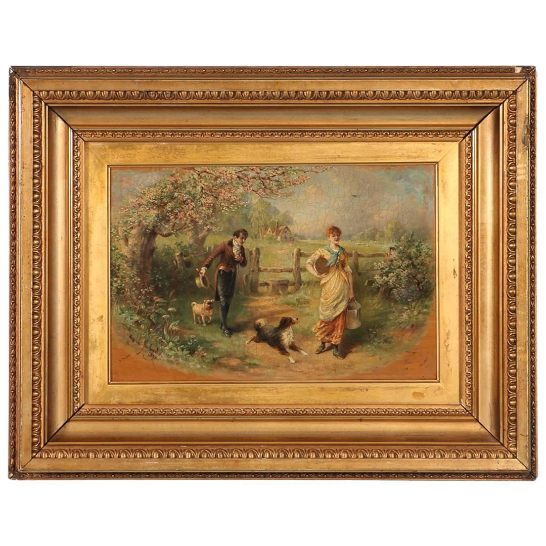Antique Oil Painting, Couple and Dogs on a Country Lane, signed Murray MacDonald