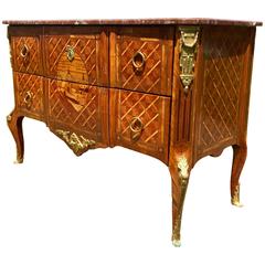 Fine Louis XV/XVI Trans. Marquetry Ormolu Mounted Marble-Top Commode, 1770
