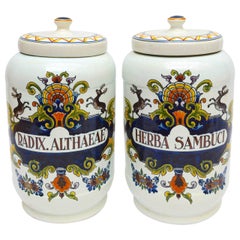 Pair of Dutch Delft Apothecary Jars with Painted Foliage and Deer