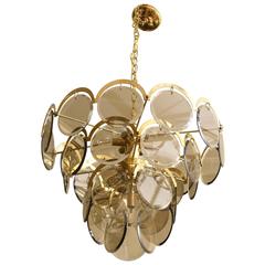 Italian Murano Vistosi Smoked Beveled Glass Disk and Brass Chandelier 6