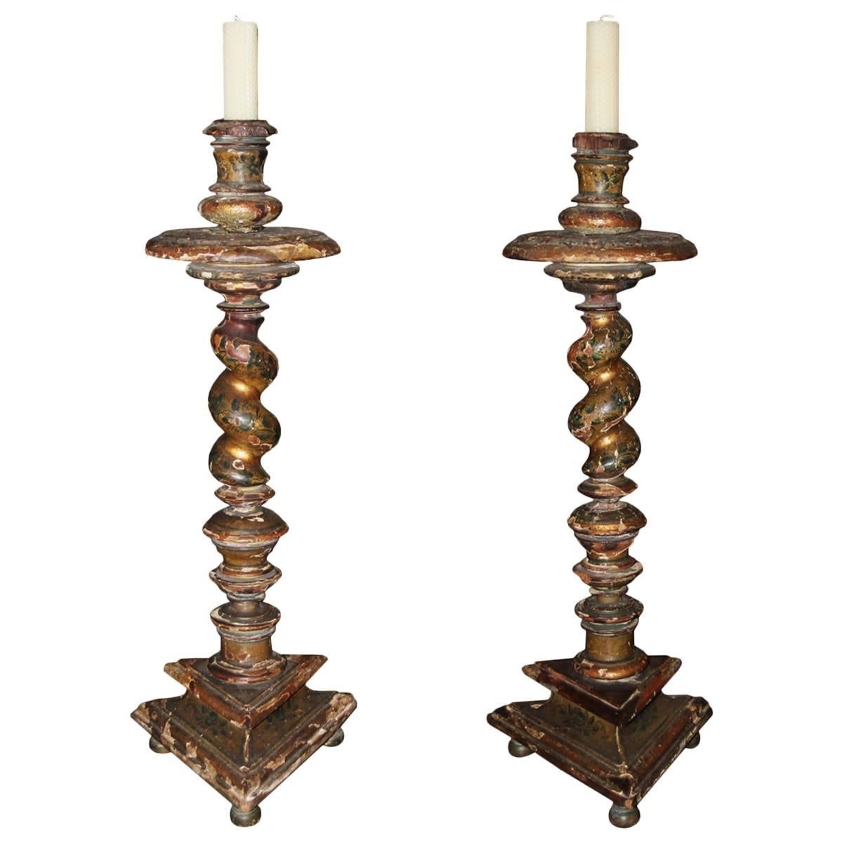 Pair of 17th Century Italian Polychrome and Parcel-Gilt Barley Candlesticks For Sale