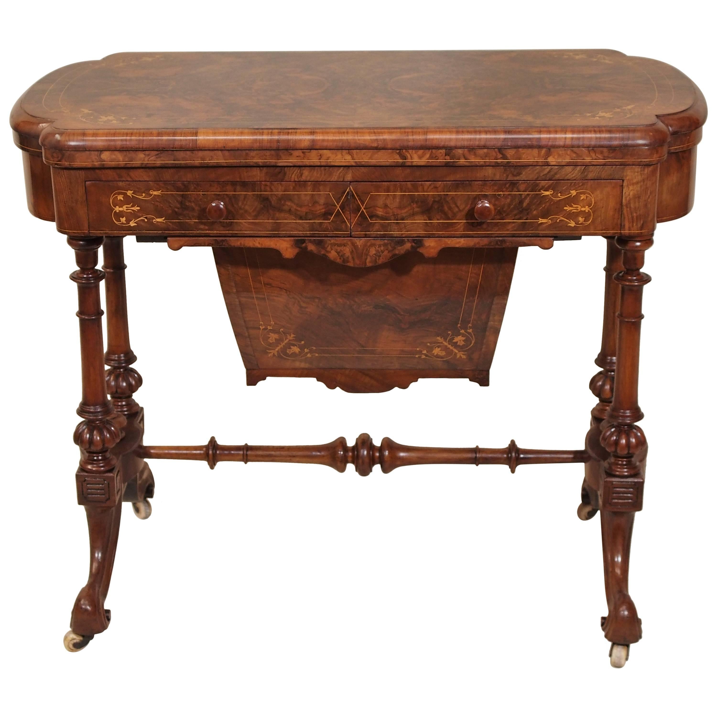 Antique English Burled Walnut Inlaid Games Table, circa 1880