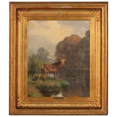Antique Oil on Canvas Painting of a Red Deer by Adolf Mackeprang, circa 1890