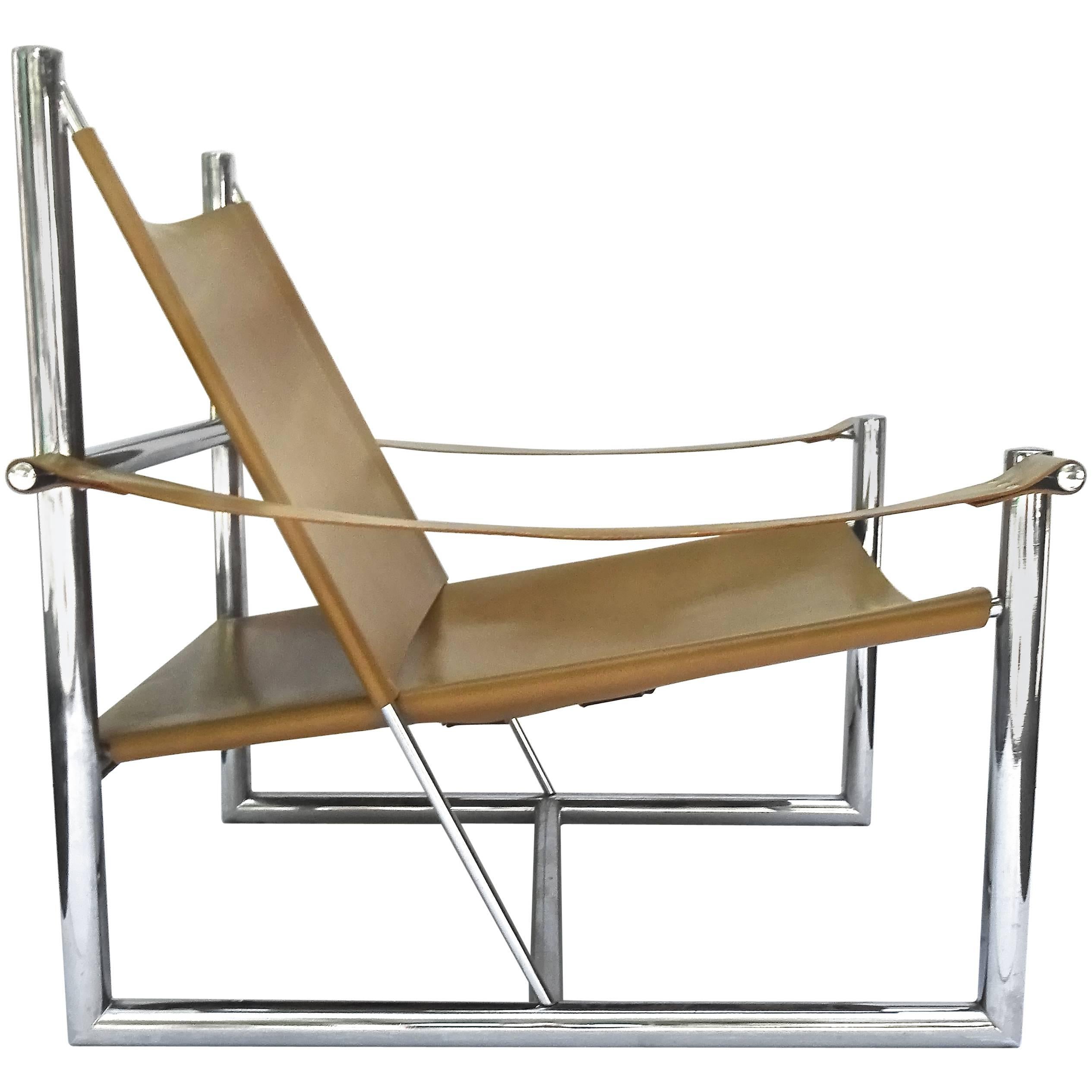 Architectural 1970s Milo Baughman Leather and Chrome Lounge Chair