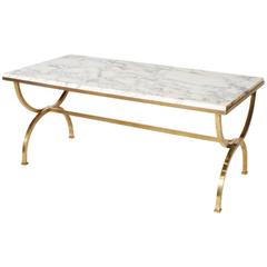 French Coffee Table with Calcatta Marble Top and Bronze Stretcher, circa 1950